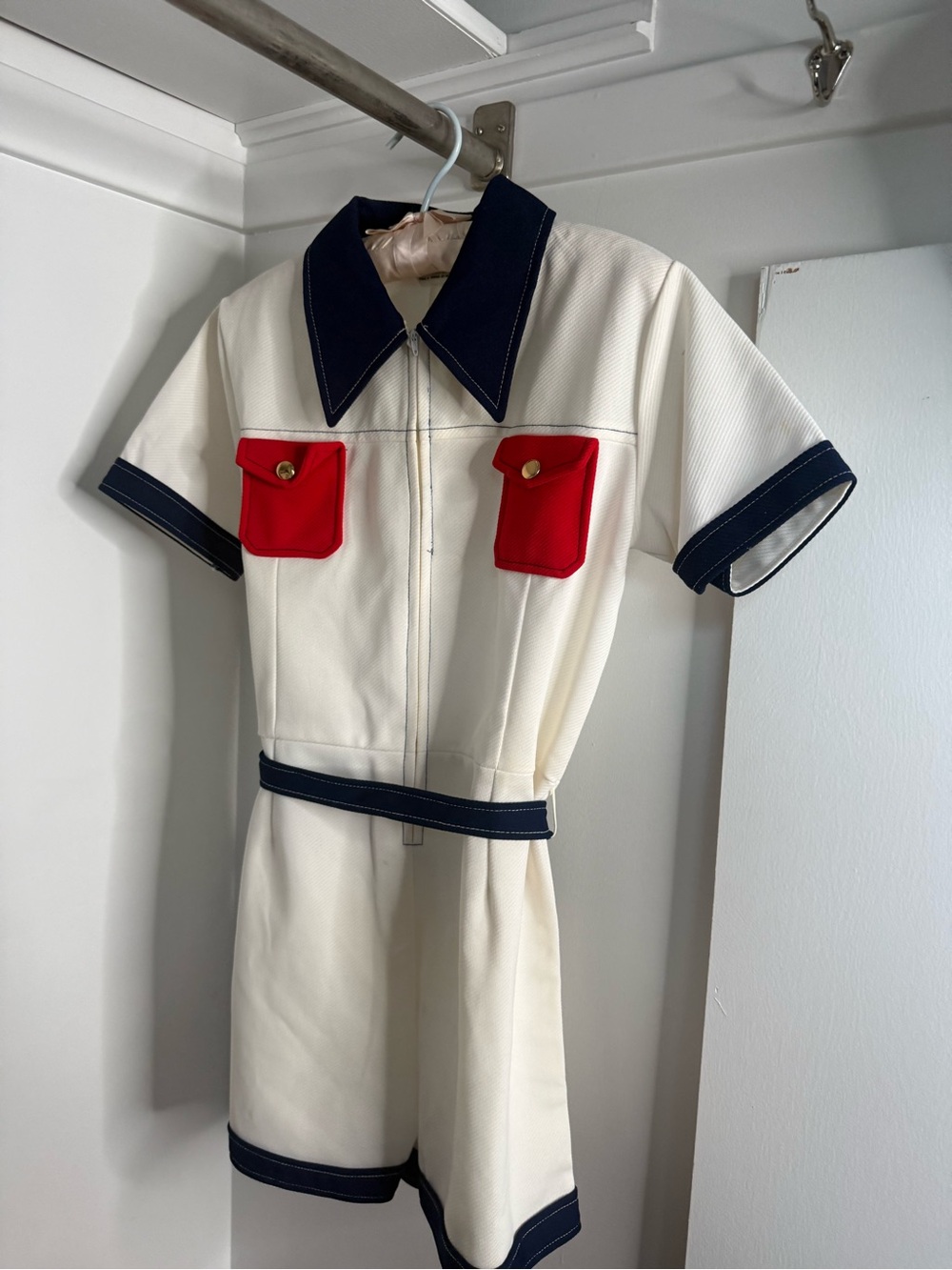 Vintage White Romper Playsuit with Navy Trim & Red Pocket Accents - size small - Picture 1 of 5